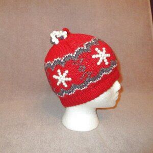Vtg Neckworks 3D Knit Beanie Hat Alpaca Blend Chunky Snowflakes Pom Holiday Skl